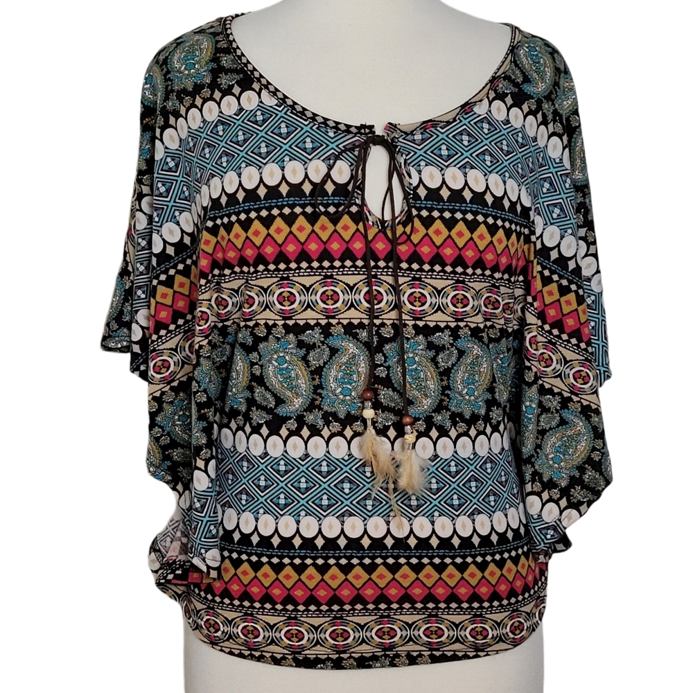 YOM YOM  Geometric Print BOHO Tie Front Batwing Sleeves Blouse Siz…